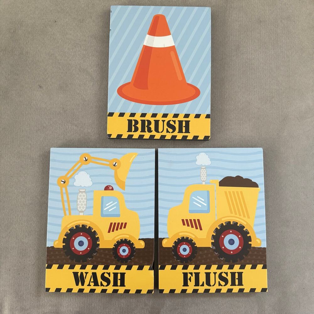 Kids Construction Bathroom Wall Art Set of 3 Wash Flush Brush Foam Core 8x10